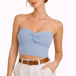 EFFAN Blue Twist Front Bandeau Knit Tube Top Strapless Crop S